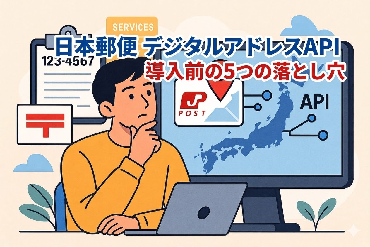 パソコン画面に日本地図とAPIロゴが表示され、郵便番号と郵便マークも描かれたイラスト風デザイン。考え込む若い男性がデジタルアドレスAPIをイメージ