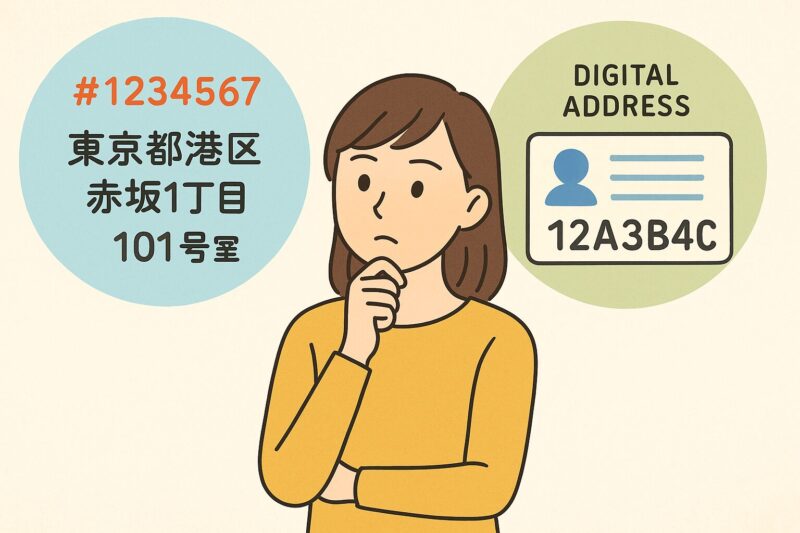 日本人女性が伝統的な住所とデジタルアドレスの違いを考え、比較しているイラスト風画像