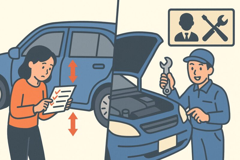 車の点検をセルフチェックする女性とプロの整備士が並ぶイラスト