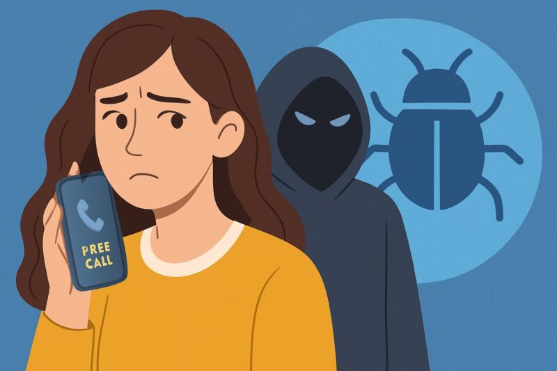 若い女性がスマートフォンの無料通話機能を使用しているが、不安そうな表情を浮かべている。背後にはフードをかぶった人物と虫アイコンがあり、スパイウェアの危険性を示唆している構図