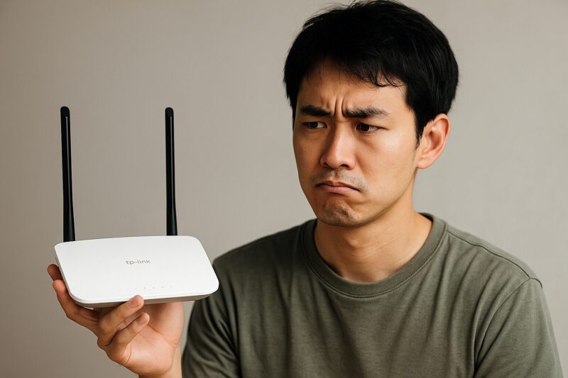 若い日本人男性がTP-Linkのルーターを手に持ち、困惑した表情で見つめている。背景はシンプルなグレーの壁。