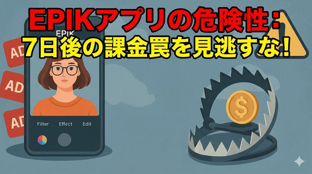 スマートフォンの画面にEpikアプリが表示され、隣に金のコインを挟む罠と警告サインが配置されているイラスト