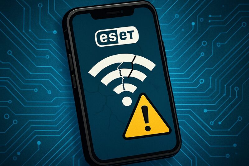 ESETロゴ付きスマートフォン画面に、割れたWi-Fiアイコンと黄色い警告マークが表示され、青い回路基板背景で接続トラブルを表現