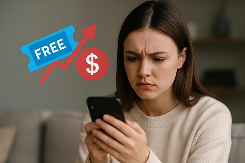 若い女性がスマートフォンを見つめ、困惑した表情をしている。背景には「FREE」チケットとドル記号が浮かび上がっている。
