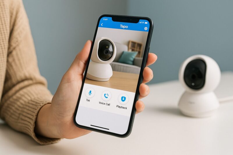 Tapoアプリでカメラ映像を確認している手元のスマートフォンと、その背景に設置された白いTapoカメラのシーン