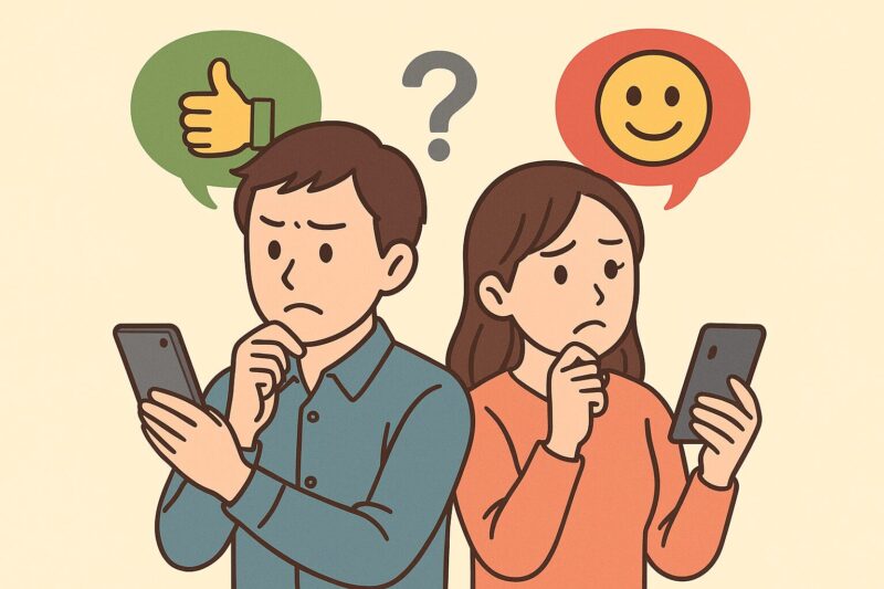 日本人男女がLINEの顔マークや顔文字リアクションの意味を考え、誤解しそうな表情でスマホを見ているイラスト。