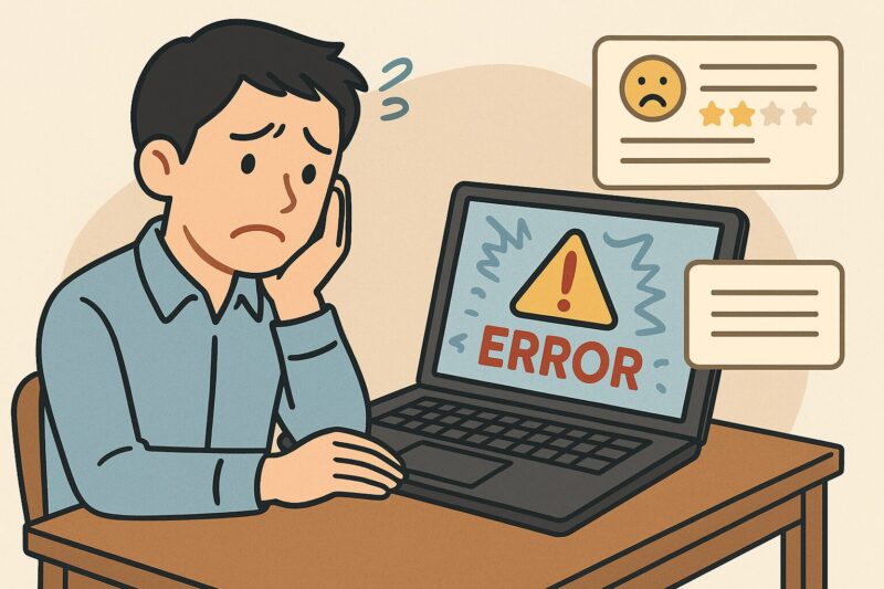 日本人男性がパソコンのエラーメッセージや低評価レビューを見て落ち込んでいるイラスト風画像