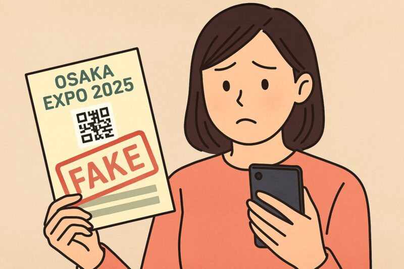 偽物の大阪万博2025チケットを手にし、困惑した表情でスマホを見る日本人女性のイラスト
