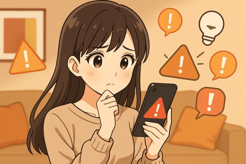 アニメ風の若い女性がスマートフォンを持ちながら、不安そうな表情で周囲の警告アイコンを見つめている。背景は暖かいベージュトーンのリビングルーム。