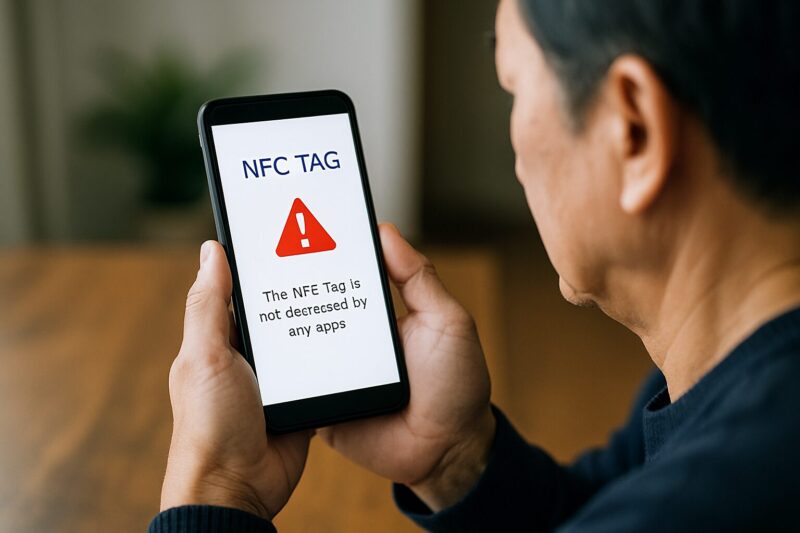 困惑した表情でスマートフォンのNFCエラー画面を見つめる若いアジア系女性のクローズアップ。