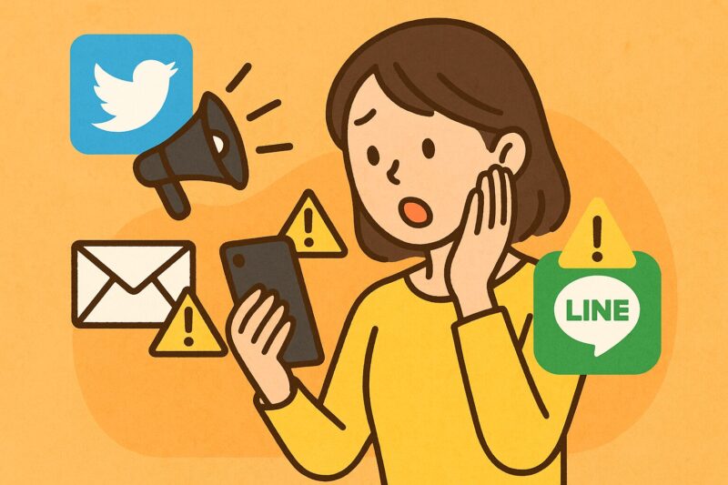 SNSやメール、LINEの通知に警戒しながらスマホを見る若い日本人女性のイラスト