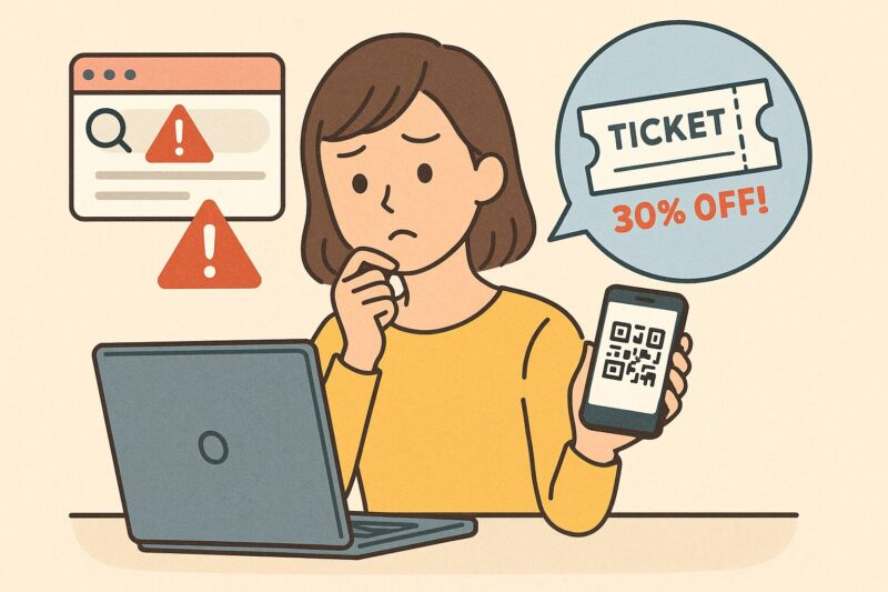警告マークと割引表示が出るパソコンとスマホを使い、不安げな表情でチケット情報を見る日本人女性のイラスト