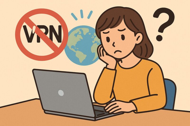 ラップトップを前に悩む若い日本人女性のイラスト。背景にはVPN禁止マーク、地球アイコン、警告サインが描かれ、無料VPNのリスクと安全な選び方を表現。
