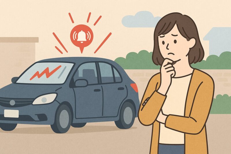 車のセキュリティアラームが鳴って困惑する女性が車のそばで原因を考えているイラスト