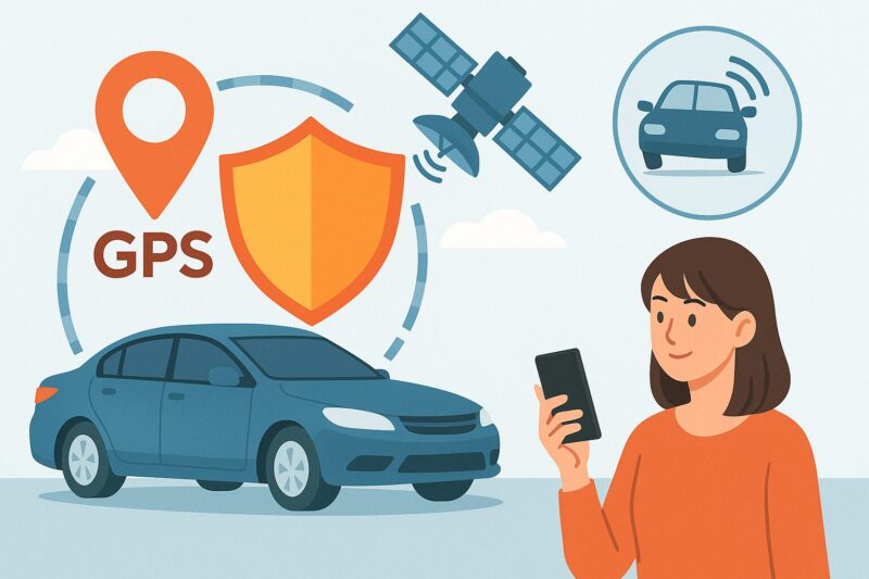 GPSマーカーや衛星、傾斜センサーをイメージした青い車とスマホを持つ女性、セキュリティアイコンが描かれたイラスト