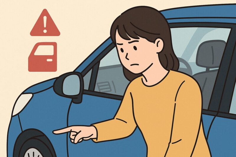 青い車の半ドアを調べている女性と、赤いドアの警告アイコンが並ぶセルフチェックのイラスト