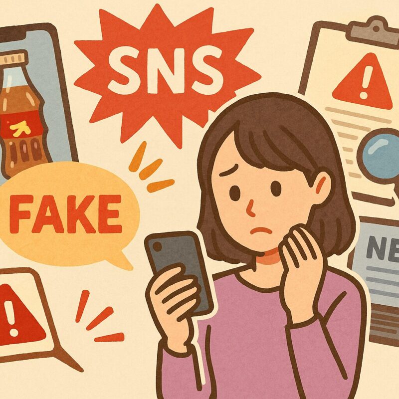 スマートフォンを持つ不安そうな日本人女性と、SNSやフェイクニュース、警告マークが背景に描かれた情報管理の課題を象徴するイラスト