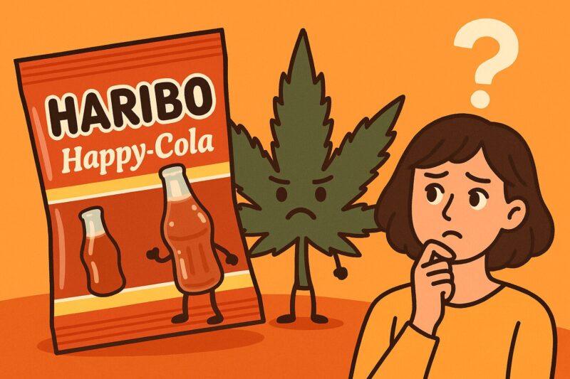ハリボー ハッピーコーラのパッケージ、疑問そうな女性、大麻の葉がイラスト風に描かれた食品安全のイメージ画像