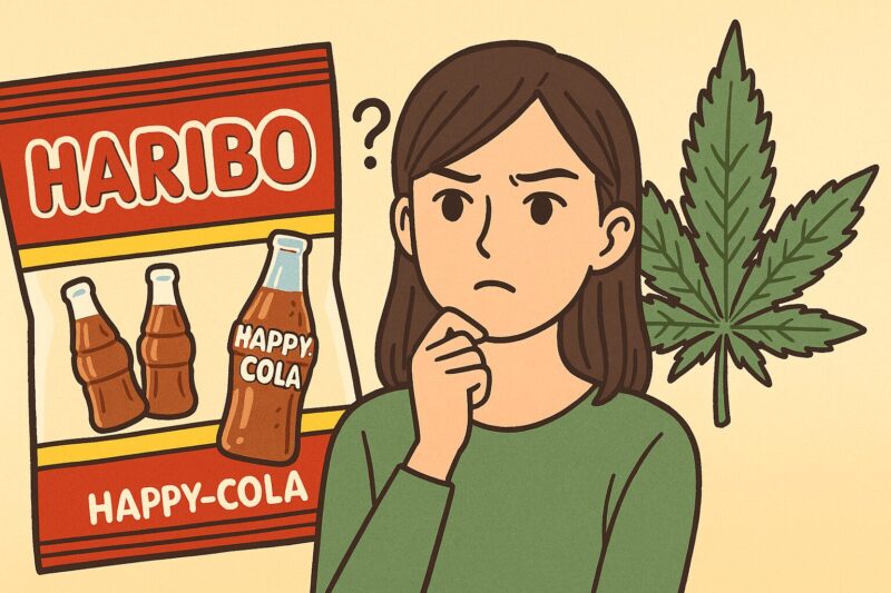 ハリボー ハッピーコーラの袋、疑問を持つアジア系女性、大麻の葉が描かれた食品安全を考えるイラスト
