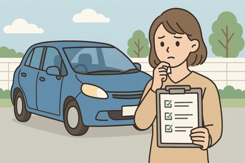 青い車の前でチェックリストを手に確認する女性と屋外風景のイラスト