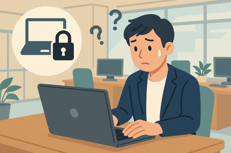 オフィスでノートパソコンを操作し、不安そうに汗をかきながら画面を見つめる日本人男性とロック・PCアイコンのイラスト風画像