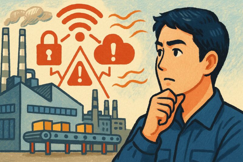 IoTでつながる工場と、セキュリティリスクを考える日本人男性技術者、警告マークとネットワーク記号が描かれたイラスト
