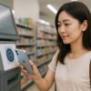 日本人女性がiPhoneを手にコンビニ端末の読み取り部へ近づけ、スマホ搭載のマイナンバーカード機能を使おうとしている場面