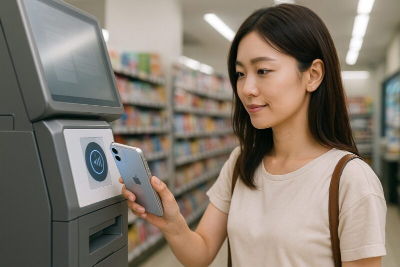 日本人女性がiPhoneを手にコンビニ端末の読み取り部へ近づけ、スマホ搭載のマイナンバーカード機能を使おうとしている場面