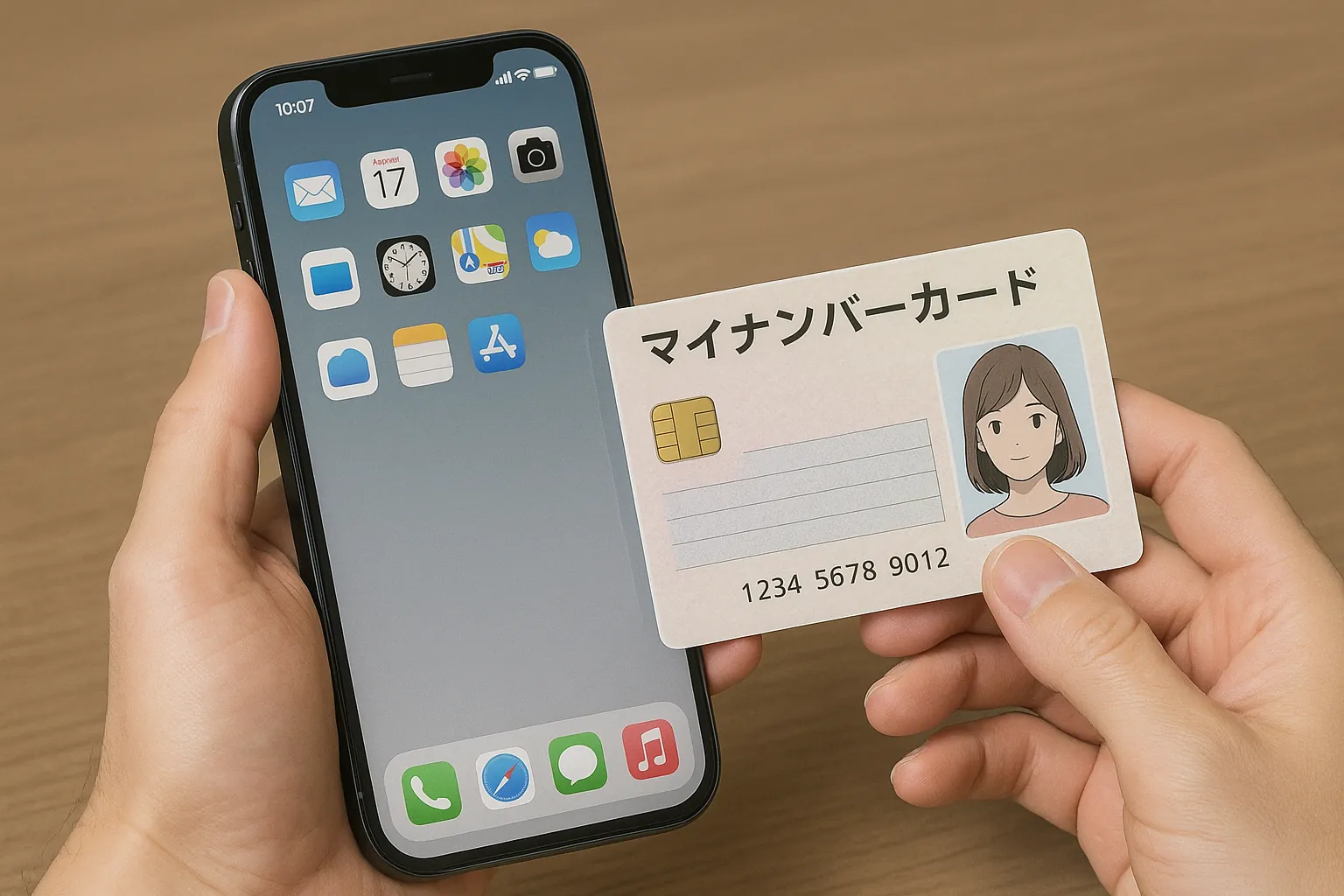 iPhoneを持つ手元とマイナンバーカードをかざしている様子。NFC対応で連携をイメージ。