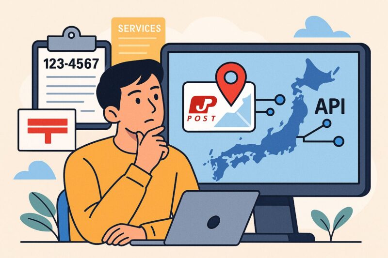 パソコン画面に日本地図とAPIロゴが表示され、郵便番号と郵便マークも描かれたイラスト風デザイン。考え込む若い男性がデジタルアドレスAPIをイメージ