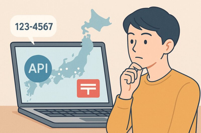 日本地図とAPIアイコン、郵便マークが表示されたパソコンを見つめる若い男性のイラスト風画像