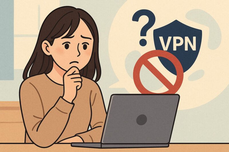 ノートパソコンを前に考え込む若い日本人女性のイラスト。背景にはVPNシールドと禁止マーク、疑問符があり、解約の仕組みや検知理由を表現