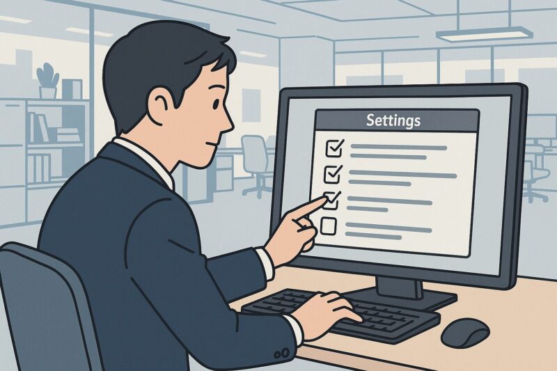 オフィスで日本人男性管理者がパソコンの設定画面で複数の監視項目を操作しているイラスト風画像