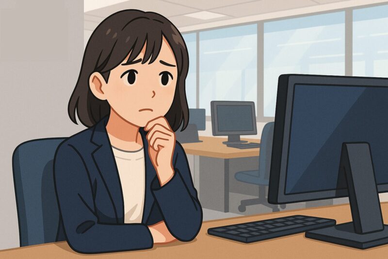 オフィスで不安そうにパソコンを見つめる日本人女性会社員を描いたイラスト風画像