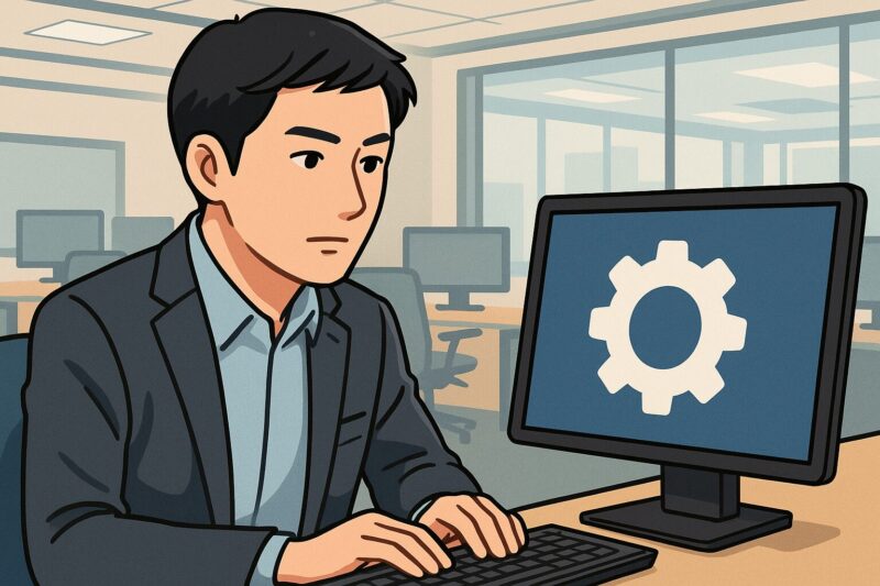 オフィスでパソコンの設定画面を操作し、冷静に業務を行う日本人男性SEのイラスト風画像