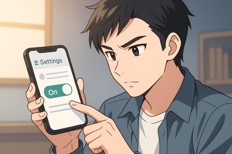設定画面を真剣な表情で操作する日本人男性のアニメ風イラスト