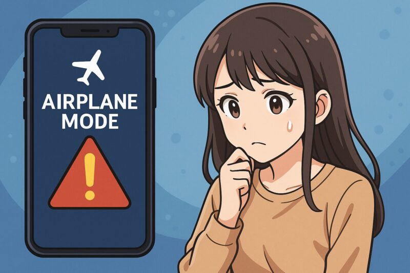 機内モード警告アイコンが表示されたスマートフォンと、不安そうに見つめる日本人女性のアニメ風イラスト