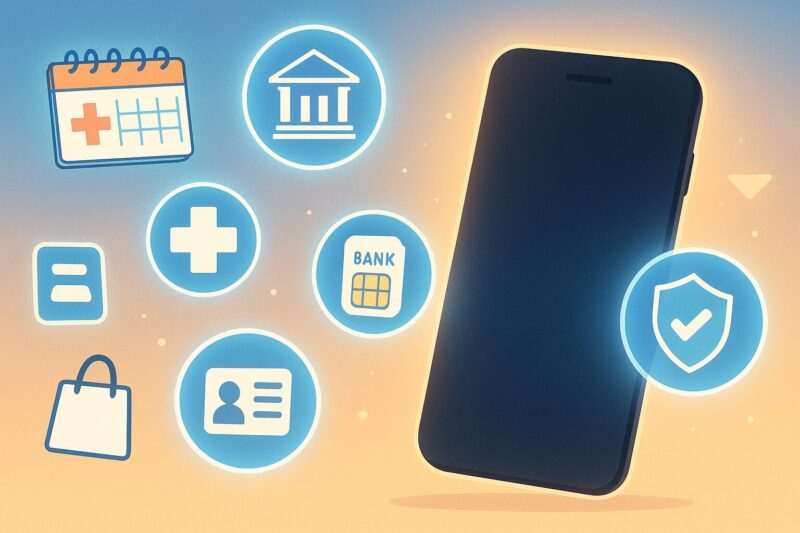 スマートフォンの周囲に医療、銀行、SIM、本人確認、買い物、盾などの汎用アイコンが浮かび、今後の機能拡張を示すアニメ風イラスト