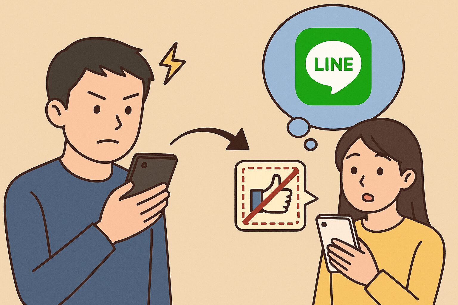 スマホを持つ日本人男女がLINEリアクションの取り消しに困惑している様子をイラスト風に描いた画像
