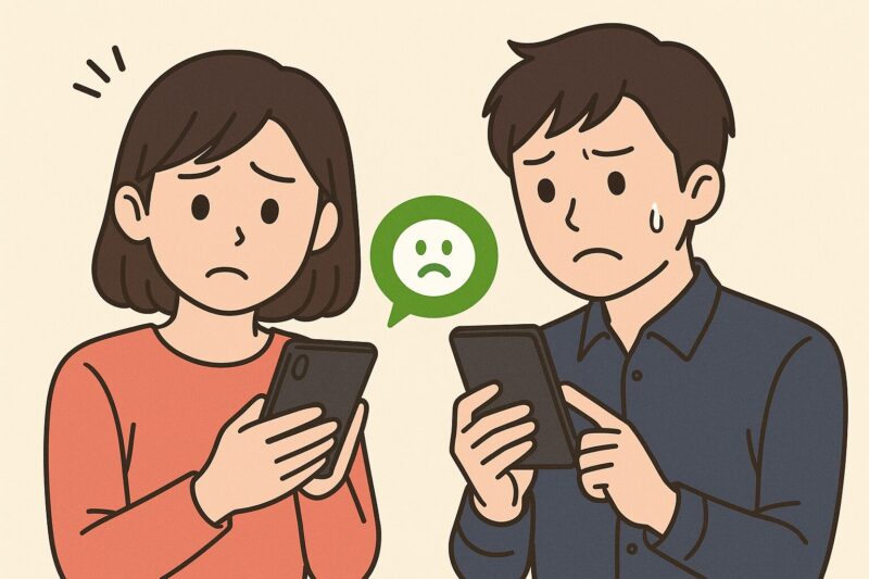 日本人の若い男女がスマホでLINEを操作し、リアクションを取り消した後に不安そうな表情をしているイラスト。