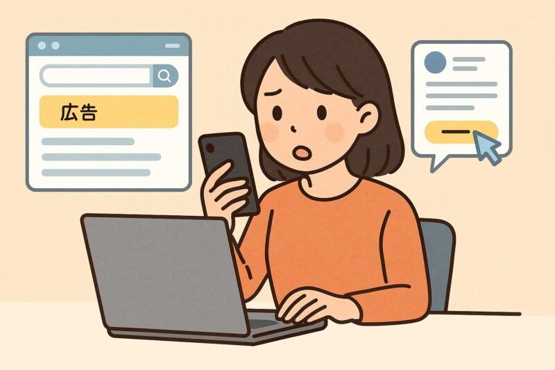 検索結果とSNSリンクを見比べながら、スマホとパソコンで注意深くチェックしている日本人女性のイラスト