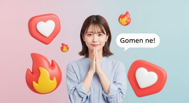 空中に浮かぶ可愛らしい3Dのハートの絵文字と、炎の絵文字。それらを手で優しく包み込んだり、笑顔で「ごめんね」のポーズをしている若い日本人女性。和やかな雰囲気。