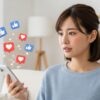 スマートフォンを片手に持ち、画面を見て驚いた表情をしている20代の日本人女性。画面からはハートやGoodのリアクションアイコンが浮かび上がっている。背景は明るいリビングルームで、問題解決への希望を感じさせる雰囲気。