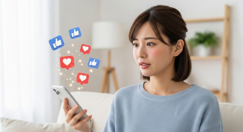 スマートフォンを片手に持ち、画面を見て驚いた表情をしている20代の日本人女性。画面からはハートやGoodのリアクションアイコンが浮かび上がっている。背景は明るいリビングルームで、問題解決への希望を感じさせる雰囲気。