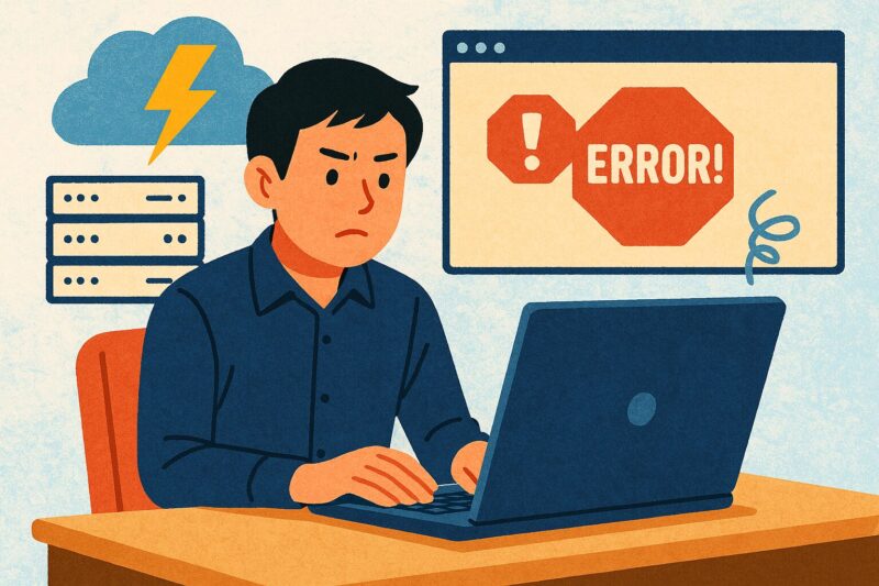 日本人男性がパソコンでサーバー障害や大量アクセス時のエラー画面を冷静に確認しているイラスト風画像