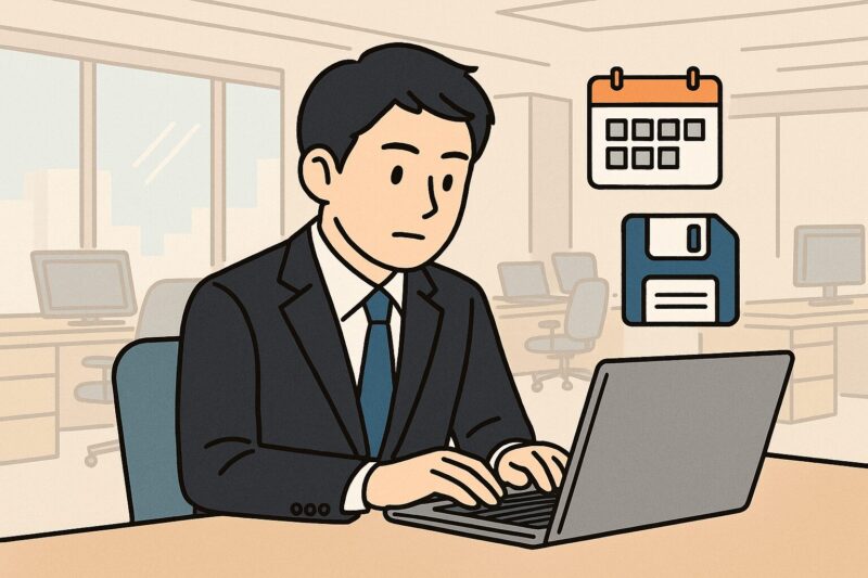 オフィスのデスクで日本人男性がパソコン画面にカレンダーと保存アイコンを見ながらデータを管理しているイラスト風画像