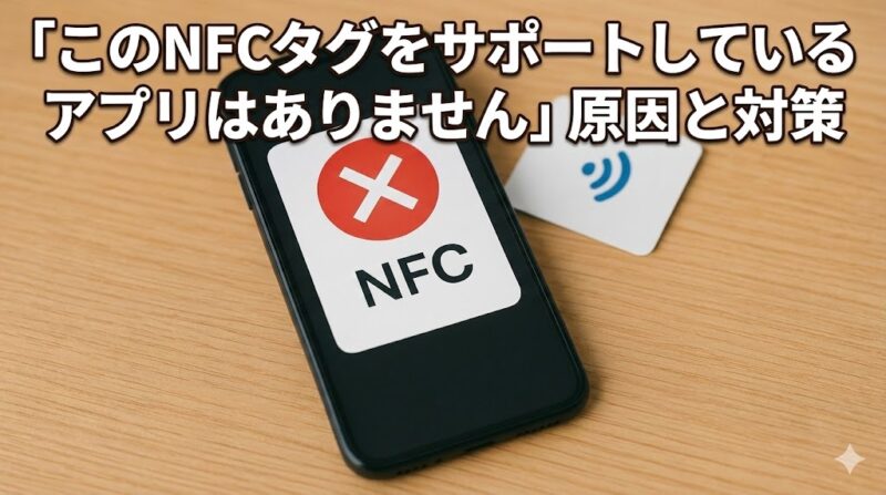 NFCエラーが表示されたスマートフォンと、横に置かれたNFCカードが見えるシンプルなイメージ。