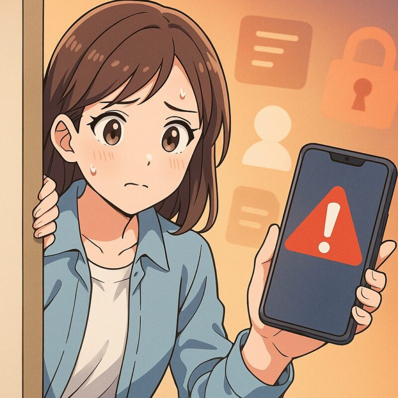 スマートフォンの警告アイコンを見せる不安そうな若い日本人女性のアニメ風イラスト