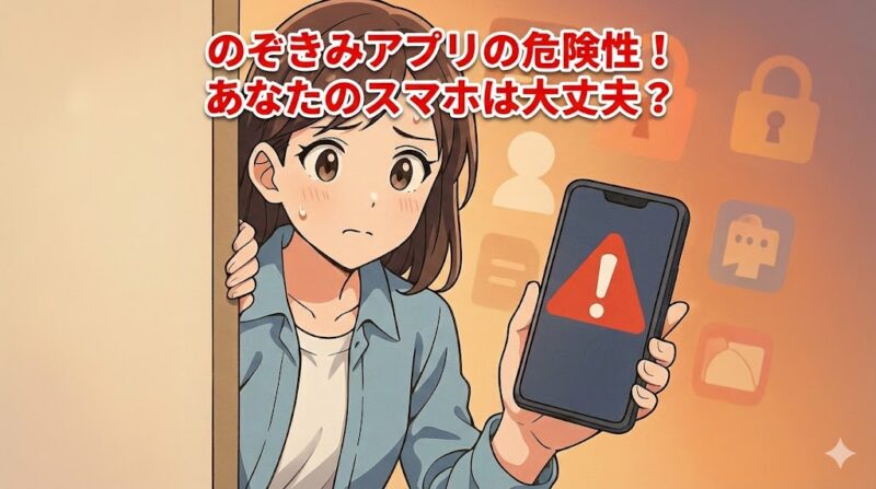 スマートフォンの警告アイコンを見せる不安そうな若い日本人女性のアニメ風イラスト