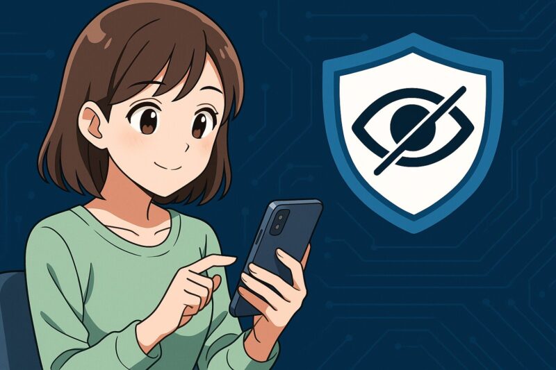 覗き見防止アイコンが大きく表示されたスマートフォンを操作する日本人女性のアニメ風イラスト